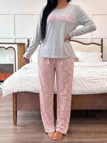 EURMUSE 2pcs/Set 100% Cotton Heart Print Pajama Set - Light Grey - View 4