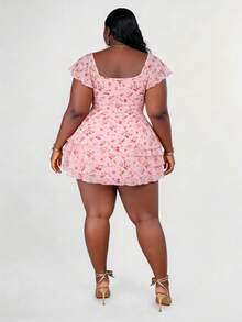 CurvyTilda Dress Ukuran Plus Ruched Bust Plants bunga ditsy All Over Print Boho - Berwarna merah muda - View 2