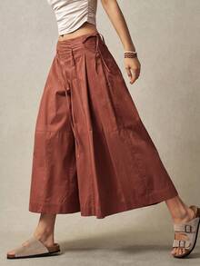 Bohemela Women's Solid Color Pleated Wide Leg Pants, Vacation - Rust Brown - View 5