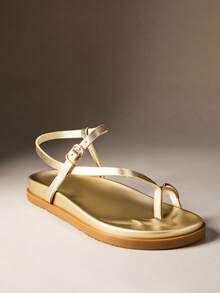 Hauture Sandal đế bằng bằng da PU ánh kim màu vàng, thoải mái, dành cho nữ. - Vàng - Xem 5