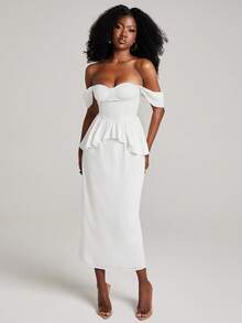 NYA SZN Dress Off Shoulder Sweatheart Padded Fitted Draped Detail Short Flutter Sleeve Hardware White Shower Outfits For Women Day Party Summer Elegant - White - View 1