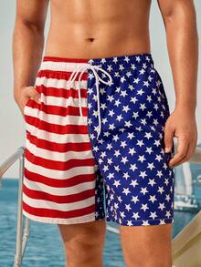 Manfinity VDAYZ Shorts de Praia Masculinos de Secagem Rápida com Bandeira Nacional para o Dia da Independência & Roupa de Banho Combinando para Casal para Festa na Piscina, Férias Casuais de Verão - Azul e Branco - Visão 5