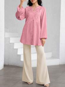 Graceveil Women's Lace Patchwork Textured Lantern Sleeve Blouse - Pink - View 5