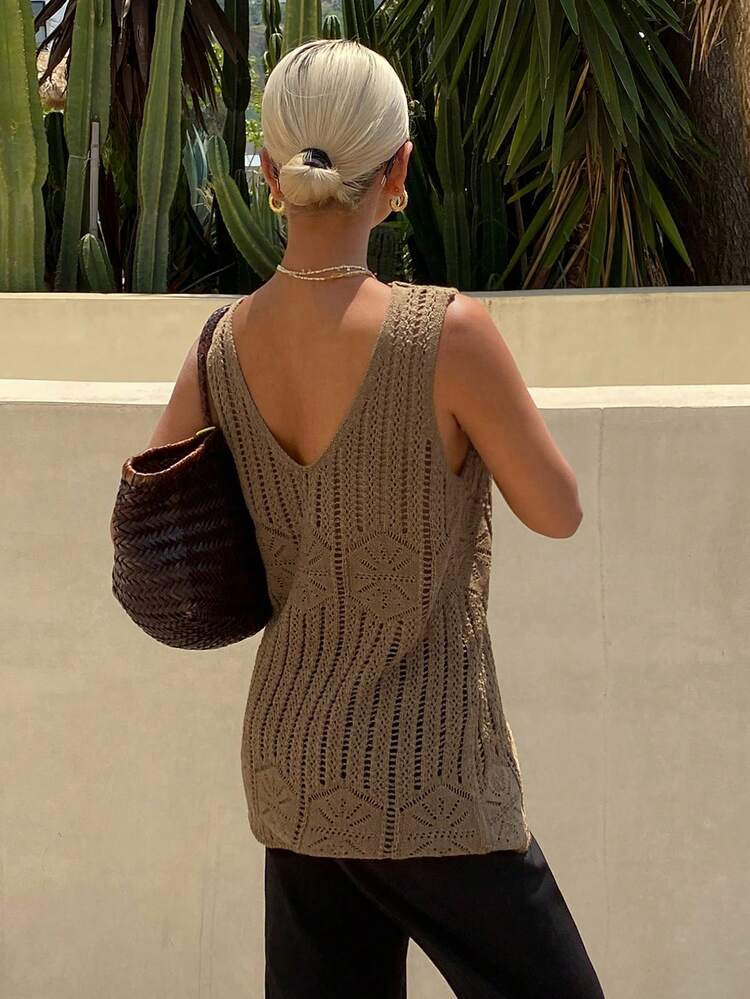 Women's Loose Solid Color Round Neck Sleeveless Hollow Out Crochet Casual Vacation Summer Thin Knit Vest Cardigan