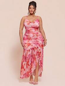 SHEIN BAE Plus Size Women's Pink Floral Floral Elegant Cami Dress,Summer Ruffle Long Party Vacation Dresses,Wedding Guest,Birthday,Graduation Ceremony Outfits - Pink - View 5