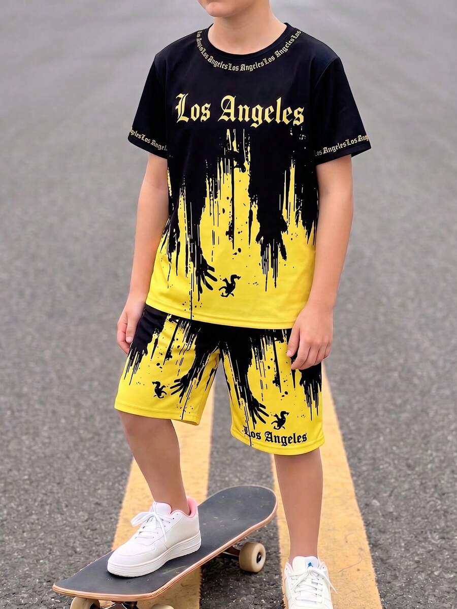 青少年男孩T恤套裝,黑色,夏季,街頭風,城市度假哥德風洛杉磯文字,黃色漸層鳥類剪影圖案印花T恤與短褲套裝 - 彩色 - 查看 1