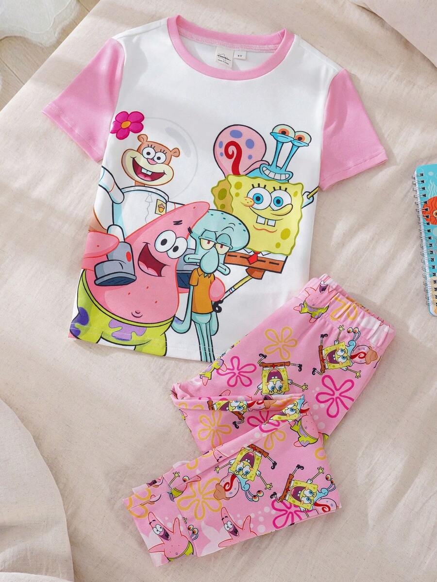 SpongeBob SquarePants | SHEIN 2pcs Themed Round Neck Short Sleeve Top And Pants Pajama Set For Young Girls - Pink - View 1