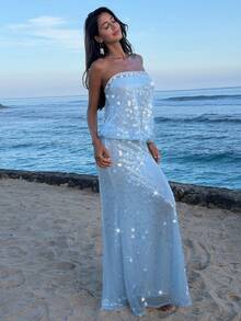 Opulessa Beaded Strapless Dress For Women - Baby Blue - View 4