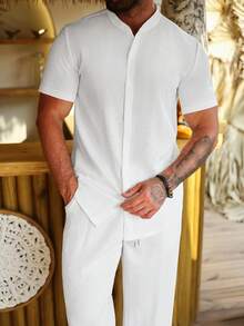 Manfinity Homme 男士白色夏季休閒兩件套，緹花短袖立領襯衫與抽繩腰寬鬆直筒長褲，度假度假穿搭，正式 - 白色 - 查看 6