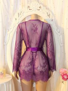 DelicateAllure 2件套优雅蕾丝拼接薄纱花卉连衣裙+睡袍性感内衣套装（女士） - 紫色 - 查看 5