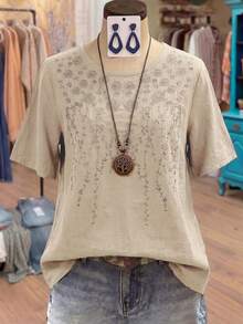 SHEIN LUNE CURVE Plus Size Women's Solid Color Linen-Like Round Neck Embroidered 3/4 Sleeve Casual Blouse - Apricot - View 1