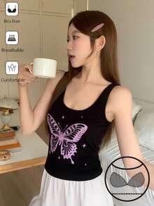 DAZY Women's Casual Butterfly Print Base Layer Top - Black - View 6