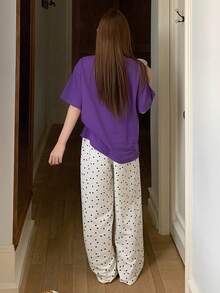 DAZY Bộ đồ ngủ nữ cổ tròn in chữ và hoạt hình, áo và quần, kiểu dáng thoải mái, thích hợp mặc ở nhà. - Màu tím - Xem 2