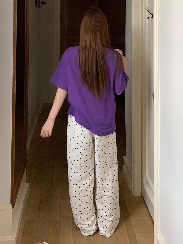 Women's Round Neck Letter & Cartoon Print Top And Pants Casual Loungewear Pajama Set