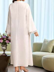 Al Najma Plus Size Women's Colorful Geometric Beaded Fringe Trim White,Summer,Boho,Modest,Birthday Arabic Traditional Long Dress Abaya Kaftan Zipper Tunic - White - View 6