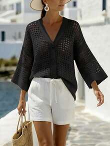 Balvessa Áo khoác cardigan mỏng nhẹ, cổ chữ V, không tay, chất liệu lưới rỗng, cài một hàng cúc, dáng rộng, thoải mái dành cho nữ. - màu đen - Xem 5