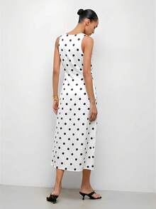 Maija Satin White With Black Polka Dots Scoop Neck Sleeveless Dress For Women,Dresses For Women Summer Garden Party Elegant - White - View 2