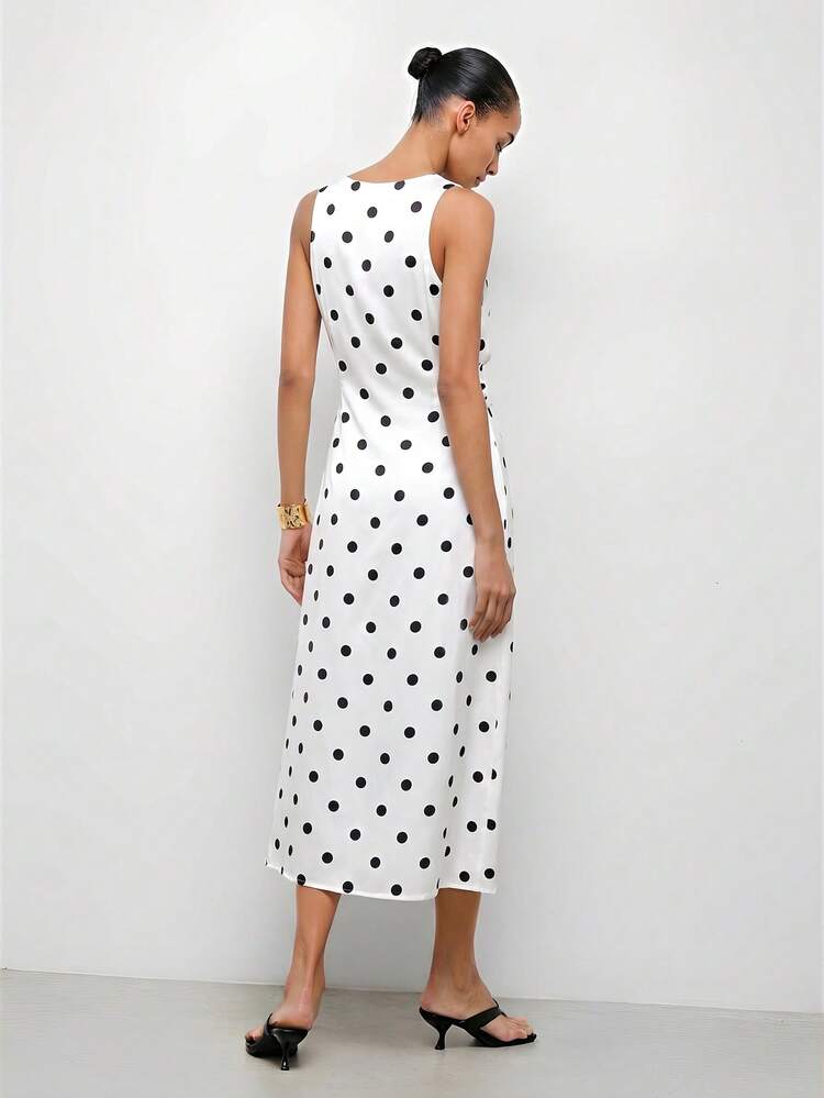 SHEIN Maija Satin Polka Dot Scoop Neck Sleeveless Dress For Women,Dresses For Women Summer