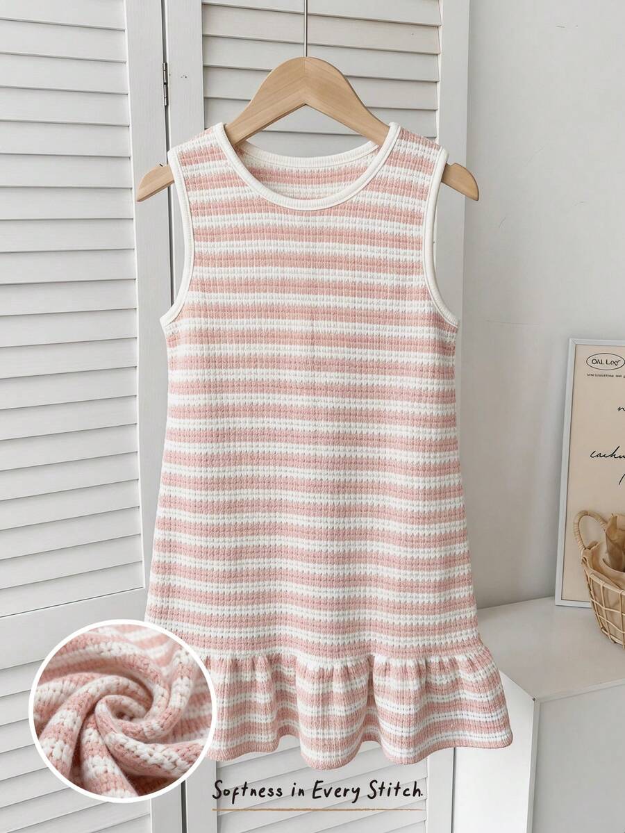 Cozy Pixies Đầm dệt kim kẻ sọc cổ tròn không tay, kiểu dáng thường ngày, thời trang cho bé gái, thích hợp cho kỳ nghỉ, dã ngoại, du lịch và mọi dịp. - Nhiều màu - Xem 1