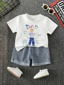 SHEIN Setelan 2pcs untuk Bayi Laki-laki, Kaos Lengan Pendek dan Celana Pendek Denim Motif Lucu Kasual untuk Hari Ayah, Cocok untuk Musim Semi/Panas - MultiWarna - View 4
