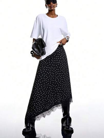 LYSMO Women's Fashion Versatile Polka Dot & Lace Patchwork Asymmetrical Hem Skirt