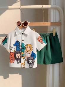 SHEIN Set de 2 piezas de camisa de manga corta con estampado de letras y pantalones cortos de cintura elástica, estilo casual y chic para niño/niña, adecuado para primavera/verano, apto para juegos al aire libre - Multicolor - Ver 4