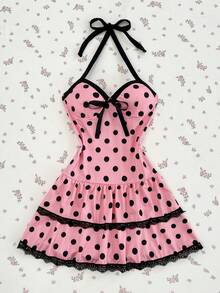 Elamini Vestido casual de fiesta con escote halter, plisado y lunares para mujer - Multicolor - Ver 1