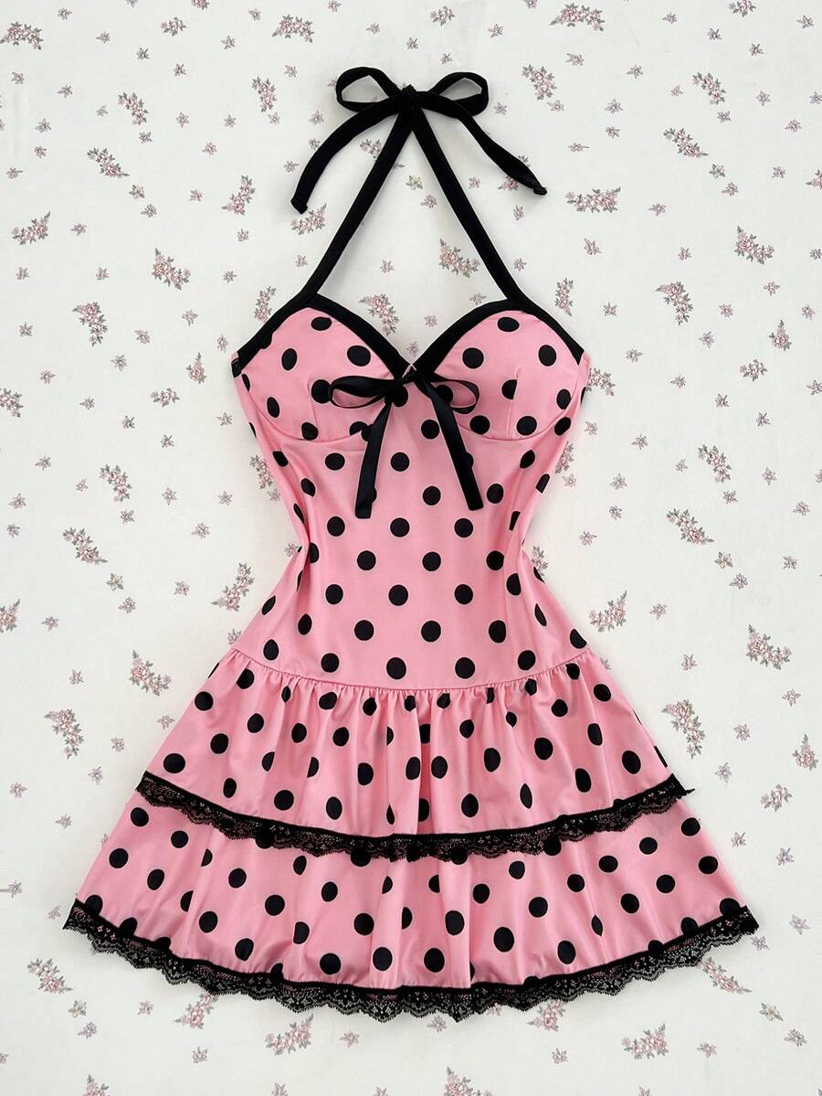 Elamini Vestido casual de fiesta con escote halter, plisado y lunares para mujer - Multicolor - Ver 1