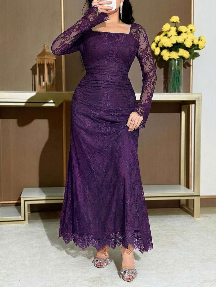 Feyla 女士优雅蕾丝拼接方领长袖连衣裙 - 紫色 - 查看 1
