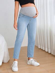 SHEIN Celana Jeans Kasual Polos untuk Ibu Hamil - Light Wash - View 3