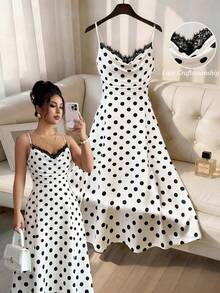 GlowEve Đầm nữ, đầm chấm bi, đầm phối ren, đầm ôm dáng không tay dây mảnh có bèo nhún, đầm thời trang thanh lịch cho nữ, phù hợp mặc hàng ngày, đi nghỉ mát, dự tiệc, hẹn hò, họp mặt, đầm midi, đầm dây mảnh, đầm nữ, đầm chấm bi, đầm phong cách retro cho nữ, đầm bán chạy nhất, đầm chất lượng cao, đầm chấm bi cho nữ, đầm không tay, đầm có họa tiết chấm bi và ren. - Đen và trắng - Xem 1