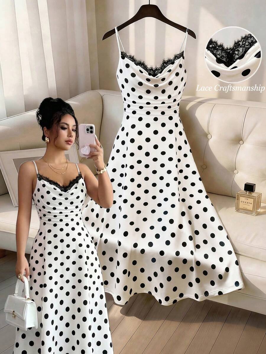 GlowEve Đầm nữ, đầm chấm bi, đầm phối ren, đầm ôm dáng không tay dây mảnh có bèo nhún, đầm thời trang thanh lịch cho nữ, phù hợp mặc hàng ngày, đi nghỉ mát, dự tiệc, hẹn hò, họp mặt, đầm midi, đầm dây mảnh, đầm nữ, đầm chấm bi, đầm phong cách retro cho nữ, đầm bán chạy nhất, đầm chất lượng cao, đầm chấm bi cho nữ, đầm không tay, đầm có họa tiết chấm bi và ren. - Đen và trắng - Xem 1
