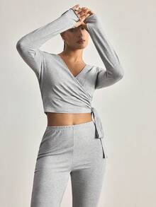 Ocili 100% Cotton Tie-Side Sleepwear Set, Women Comfortable Minimalist Solid Color Long Sleeve Top And Pants Pajamas - Grey - View 6