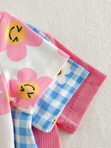 SHEIN Playful Pals 6件套女婴休闲可爱舒适冰淇淋图案及标语印花短袖上衣和短裤套装，适合春夏外出和日常穿着 - 彩色 - 查看 3