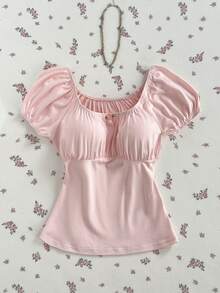 SHEIN PETITE Áo thun nữ mùa hè kiểu dáng thường ngày, ngọt ngào, dễ thương, đa năng, chất liệu mềm mại, họa tiết hoa, cổ vuông, nhún bèo, tay ngắn, ôm dáng, màu hồng. - Hồng - Xem 7