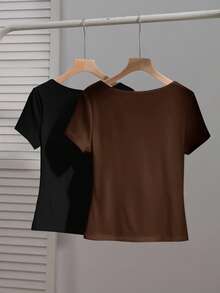 SHEIN EZwear 2件/套 女士方领短袖休闲修身性感T恤，适合秋冬季街头服饰 - 彩色 - 查看 2