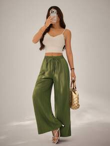 SHEIN PETITE Women's Casual Solid Color Drawstring Waist Slant Pocket Long Pants ,Petite Women - Army Green - View 7