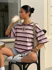 Muchica Women's Striped Round Neck Drop Shoulder Casual Versatile T-Shirt,Summer Top - Pink - View 6