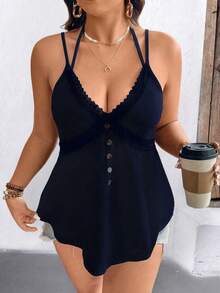 EMERY ROSE Plus Size Solid Color Lace Trim Casual Backless Camisole - Navy Blue - View 4
