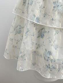 Elamini Women White And Blue Floral Summer Cottage Core Sexy Holiday Tea Party Golf Chiffon 2-Piece Set, Low-Cut Spaghetti Strap Backless Crop TopCake Skirt - Multicolor - View 5