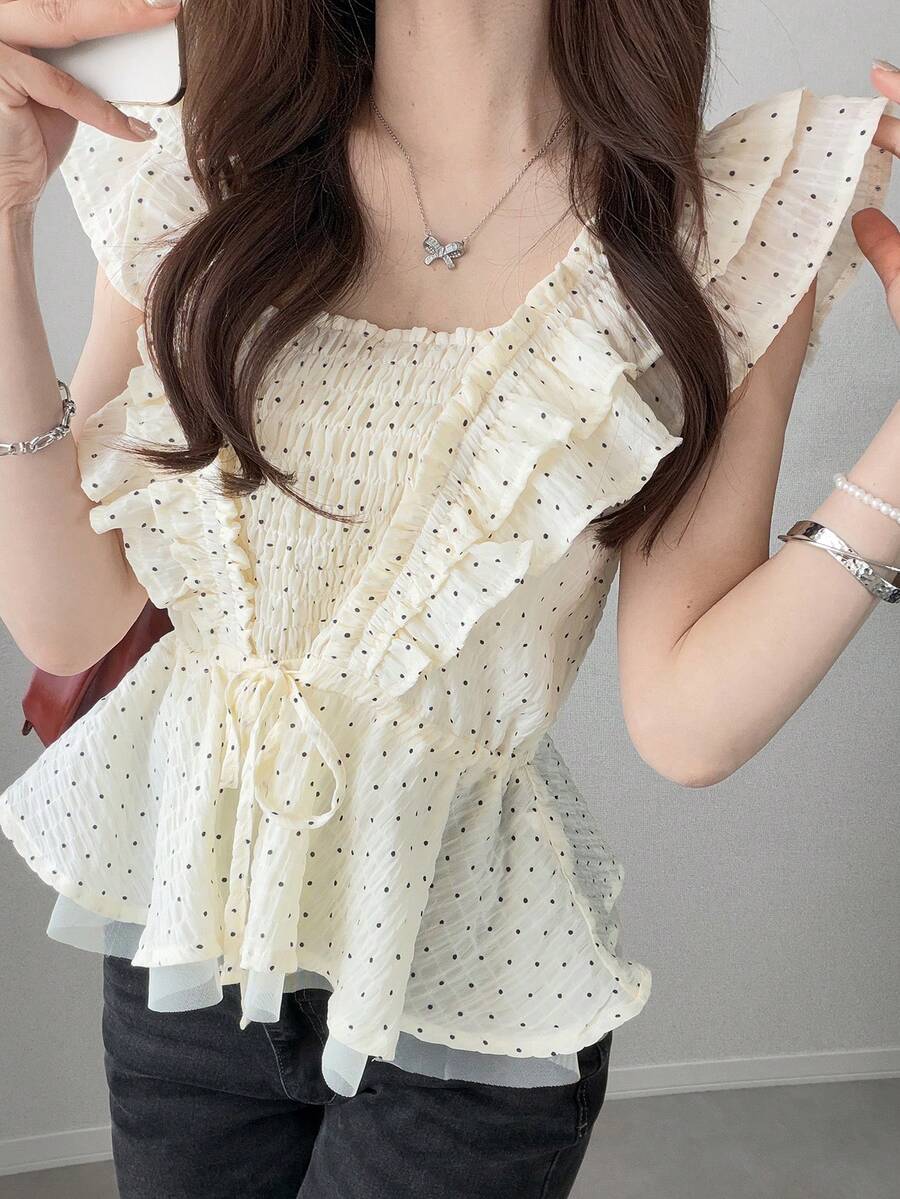 FRIFUL 女士波点图案拼接荷叶边下摆系带腰身衬衫 - 杏色 - 查看 1
