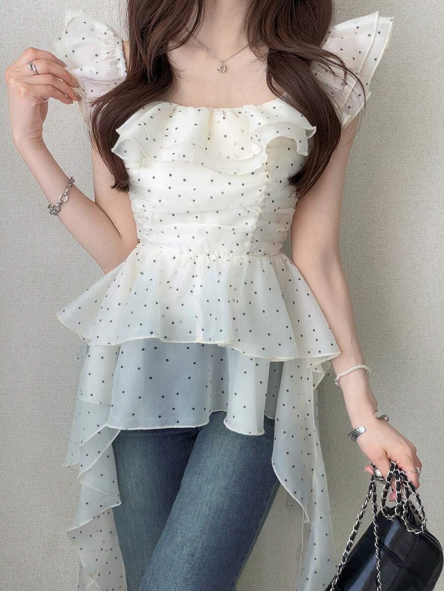 FRIFUL Áo kiểu nữ cổ vuông tay ngắn chấm bi, chất liệu vải, vạt áo bất đối xứng có bèo nhún. - Màu be - Xem 1