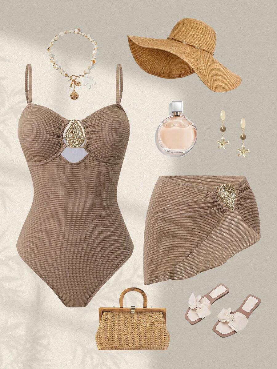Swim Oasis 女士连体泳衣裙套装,春夏精选,女士塑身泳衣,夏季 - 卡其色 - 查看 1