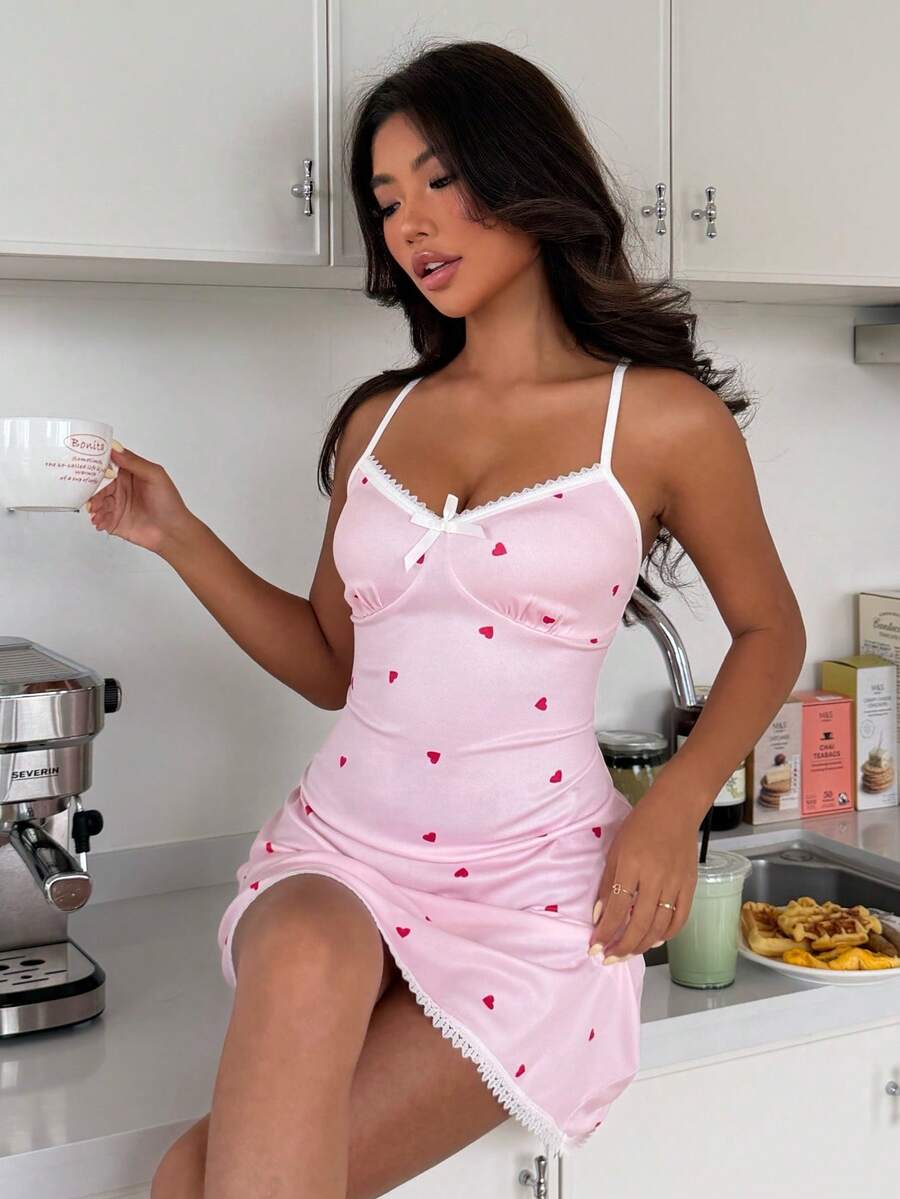 SHEIN 女士心形印花交叉露背睡裙 - 彩色 - 查看 1
