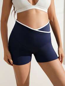 SHEIN Maternity Navy Blue Elastic Waist Asymmetric Sports Shorts,Summer Casual Gym Vacation Outfits For Women,Holiday Beach Clothes,Summer Outfit For Women - Navy Blue - View 5