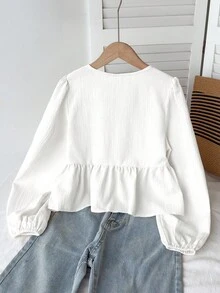 SHEIN 少女休闲简约舒适圆领长袖蝴蝶结纹理面料衬衫，返校季 - 白色 - 查看 2
