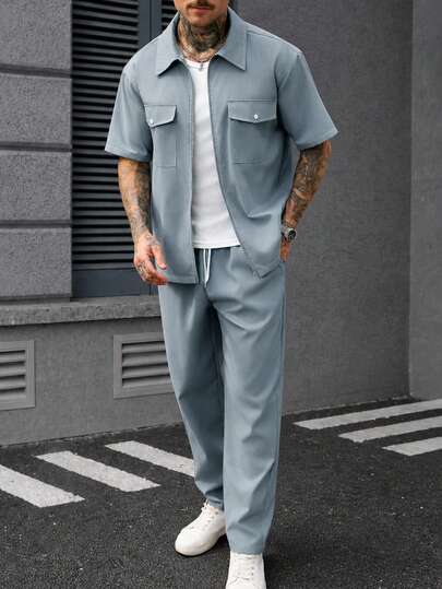 SLATEMANN Men's Casual Solid Color Shirt And Pants Set, Summer