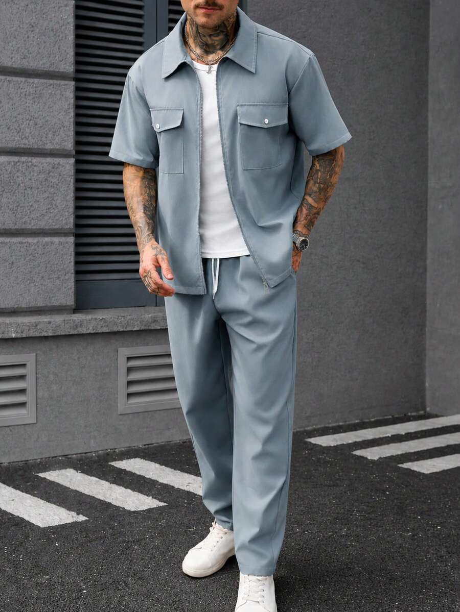 Manfinity Homme Conjunto de camisa y pantalones casuales de unicolor para hombre, de verano - Neblina azul - Ver 1