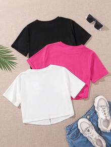 SHEIN 3件套 少女纯色圆领修身短款扭结针织休闲T恤 - 玫紅色 - 查看 2