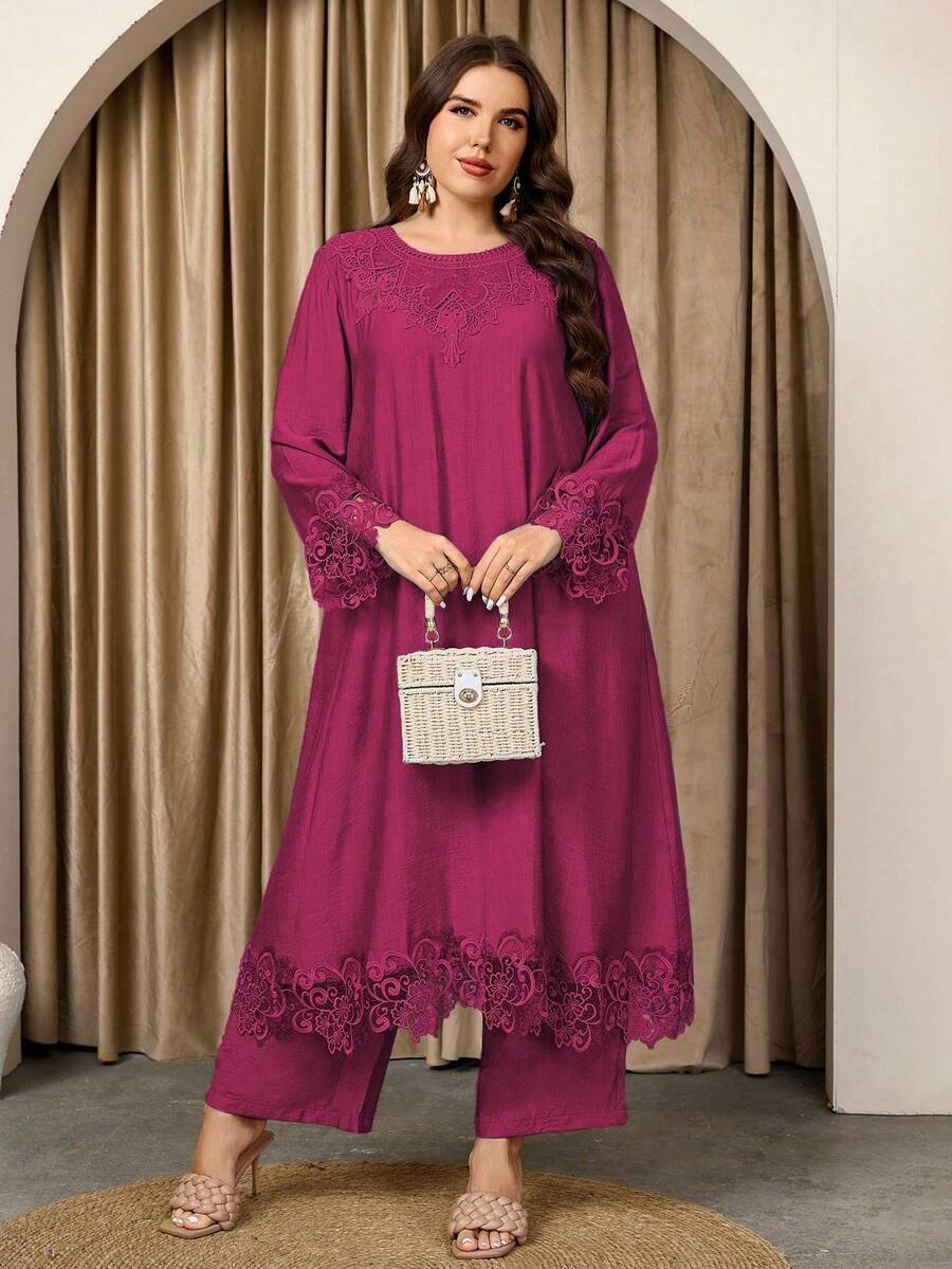 Graceveil Bộ đồ nữ cổ tròn tay dài áo dài và quần ống đứng phối ren chắp vá rộng rãi thoải mái cao cấp cỡ lớn - Màu Hồng Tươi - Xem 1